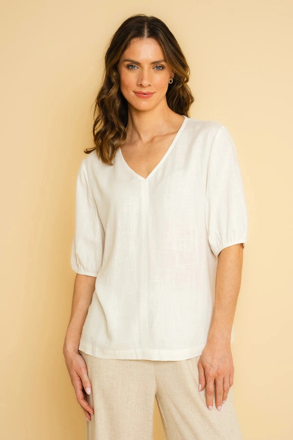 carraig donn White Linen Blend Puff Sleeve Top