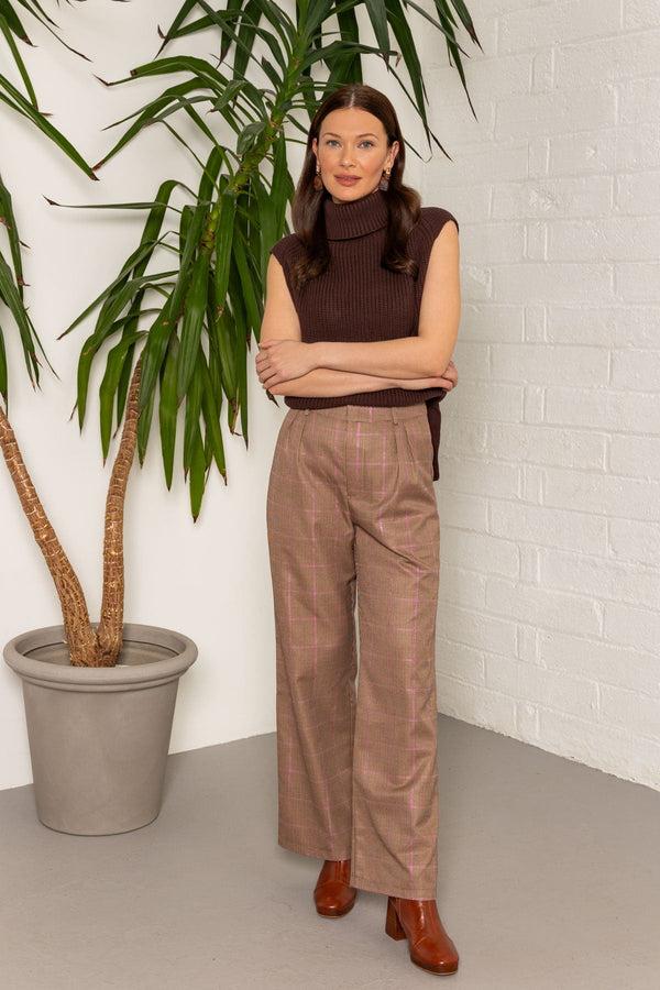 Carraig Donn Wide Leg Check Pants In Brown