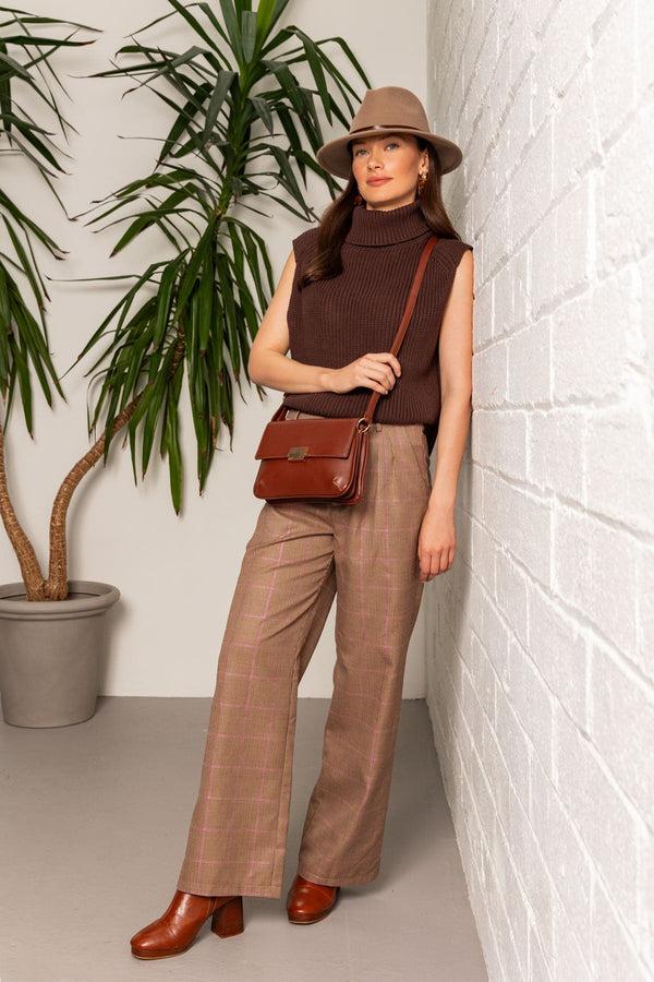 Carraig Donn Wide Leg Check Pants In Brown