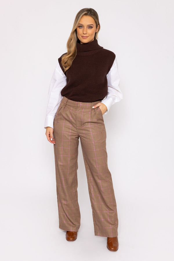 Carraig Donn Wide Leg Check Pants In Brown