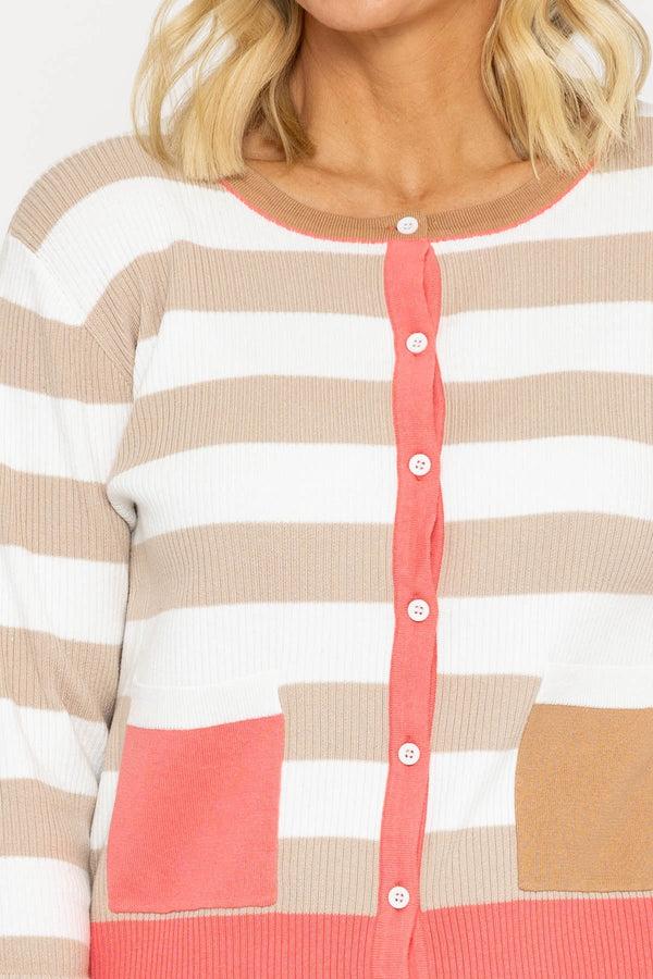 Carraig Donn Coral Stripe Cardigan With Contrast Pocket