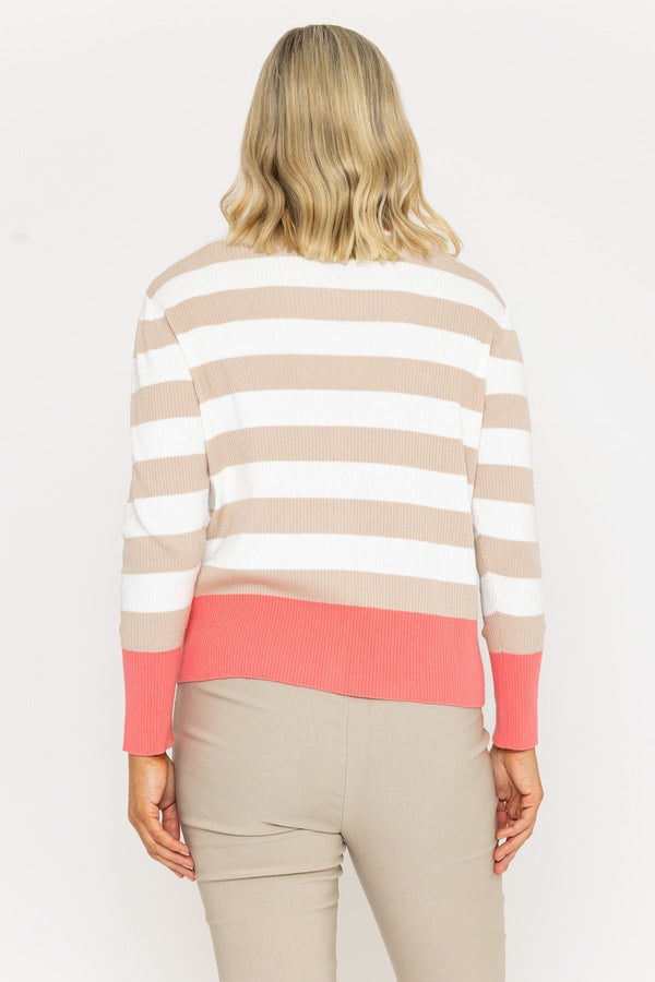 Carraig Donn Coral Stripe Cardigan With Contrast Pocket