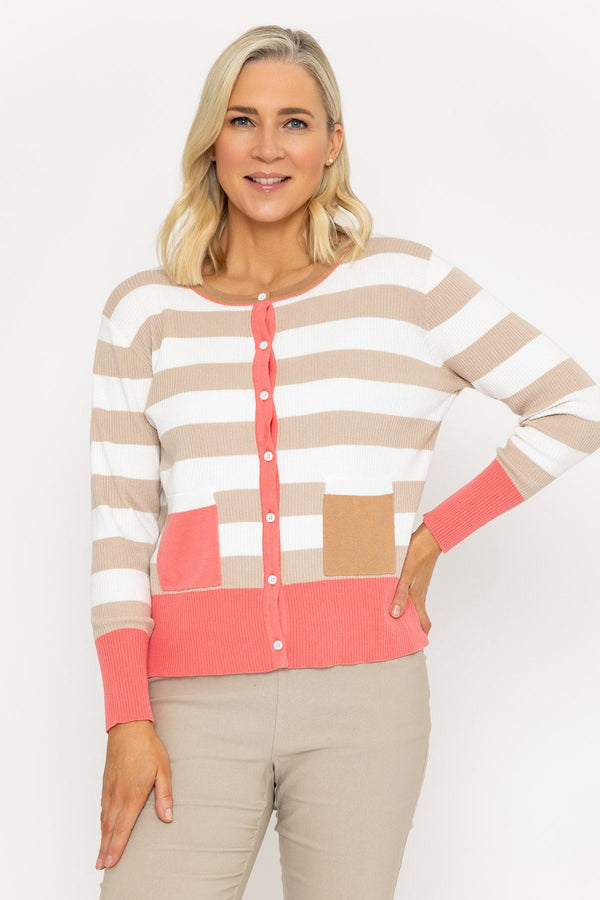 carraig donn Coral Stripe Cardigan With Contrast Pocket