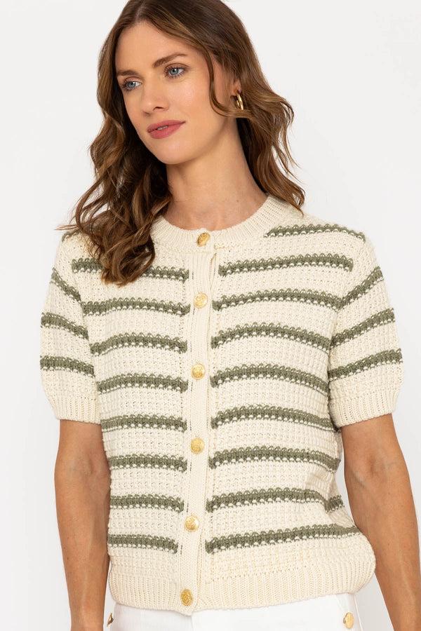Carraig Donn Cream & Green Striped Short Sleeve Knit Cardigan