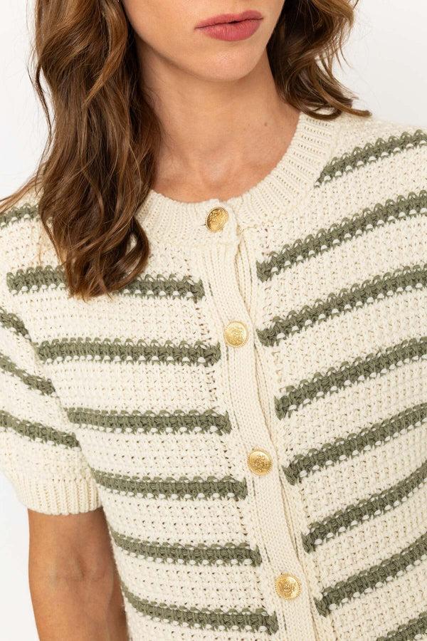 Carraig Donn Cream & Green Striped Short Sleeve Knit Cardigan