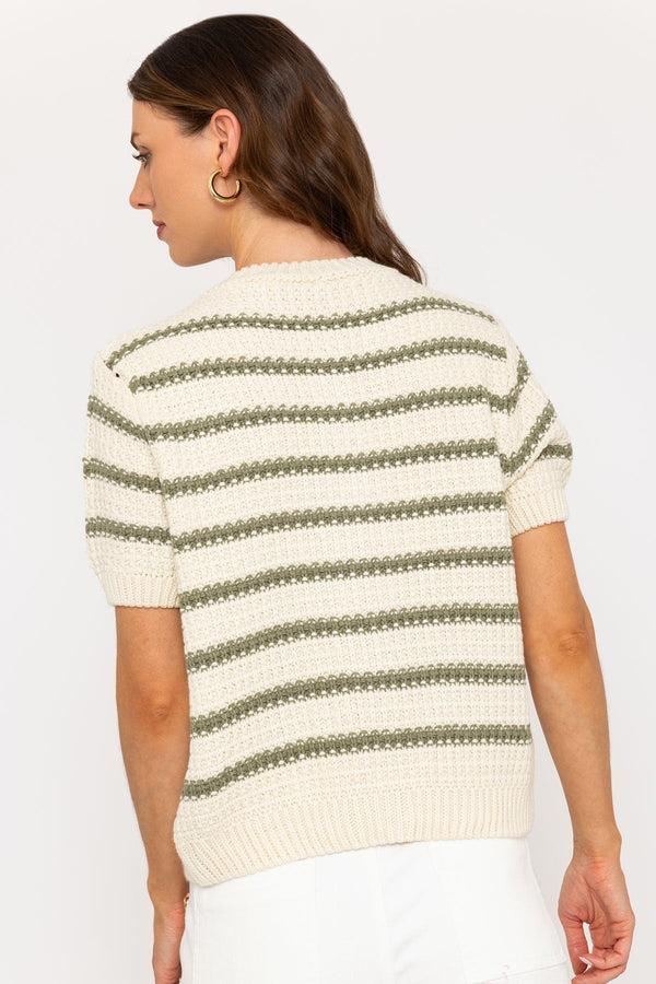 Carraig Donn Cream & Green Striped Short Sleeve Knit Cardigan
