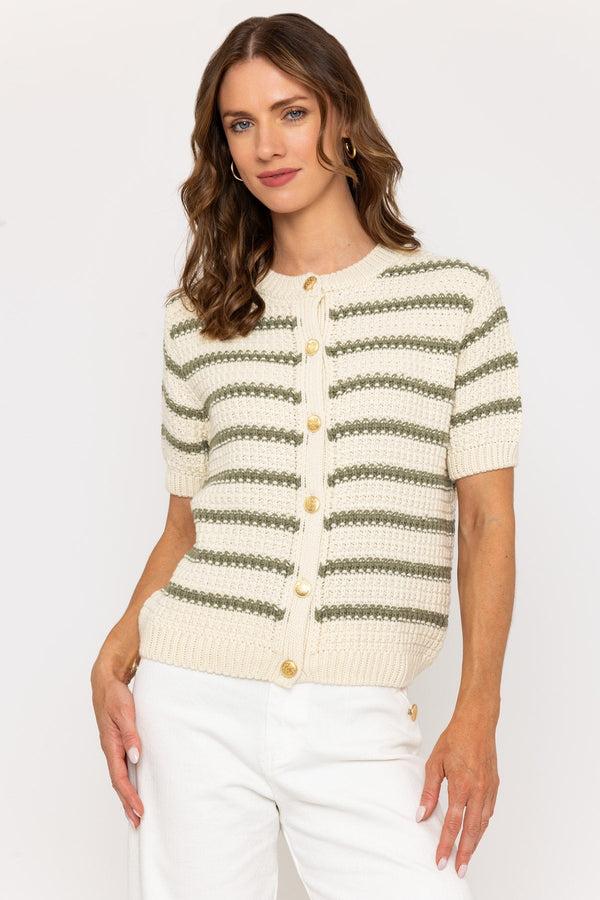carraig donn Cream & Green Striped Short Sleeve Knit Cardigan