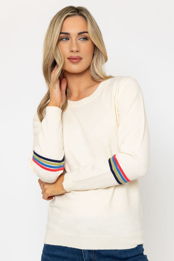 Carraig Donn Cream Knit Jumper With Stripes Detail On Sleeves