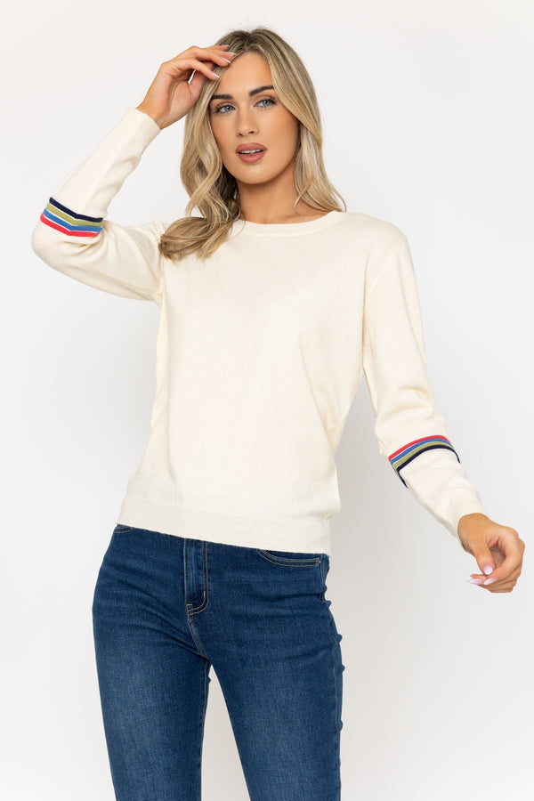 carraig donn Cream Knit Jumper with Stripes Detail on Sleeves