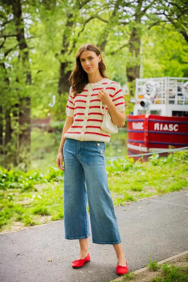 Carraig Donn Cream & Red Striped Short Sleeve Knit Cardigan