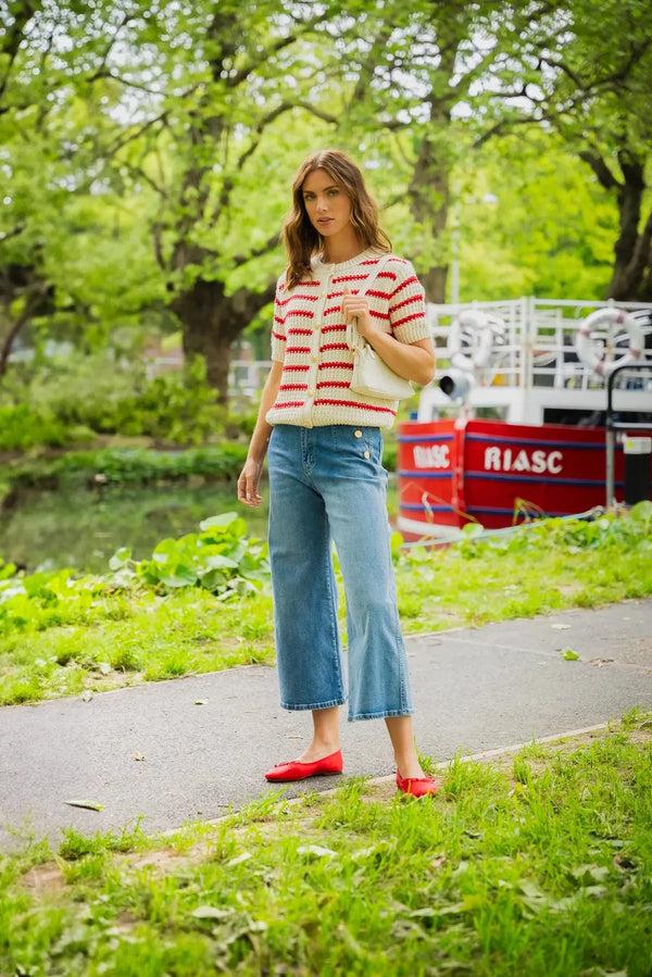 Carraig Donn Cream & Red Striped Short Sleeve Knit Cardigan
