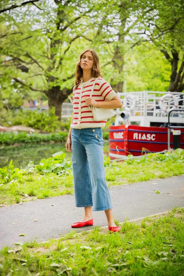 Carraig Donn Cream & Red Striped Short Sleeve Knit Cardigan