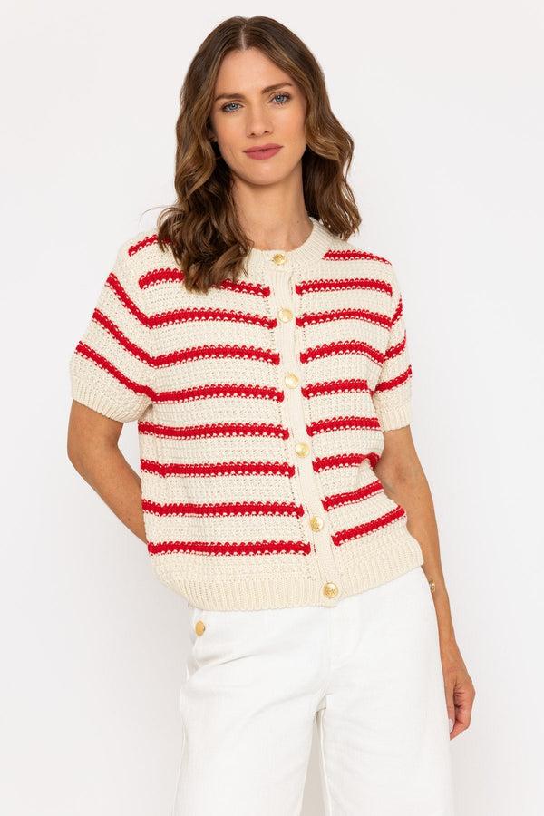 carraig donn Cream & Red Striped Short Sleeve Knit Cardigan