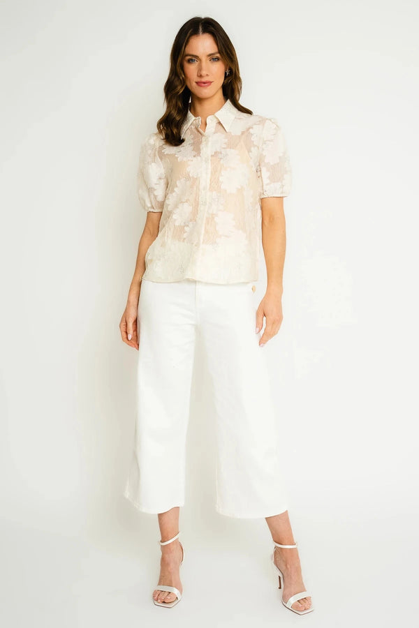 Carraig Donn Cream Short Sleeve Floral Embellished Shirt
