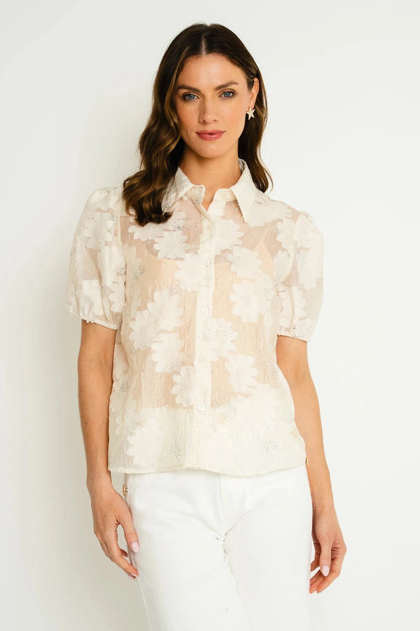 Carraig Donn Cream Short Sleeve Floral Embellished Shirt