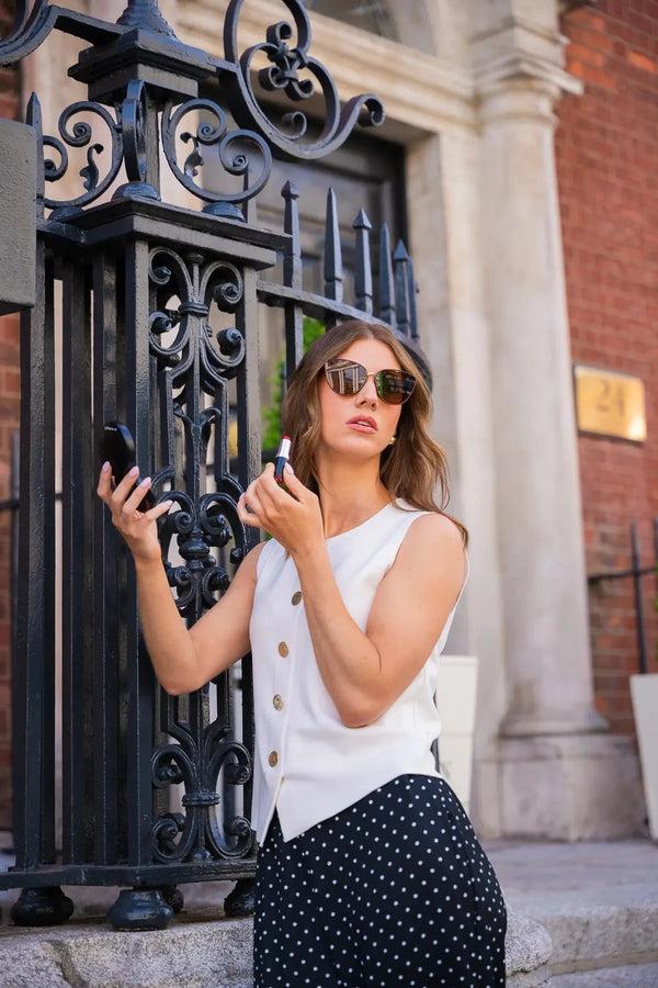 Carraig Donn Cream Sleeveless Top With Gold Button Detail