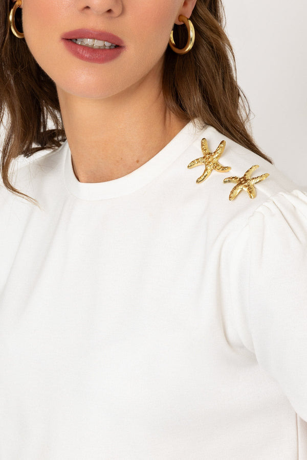 Carraig Donn Cream Top With Starfish Embellished Buttons On Shoulder