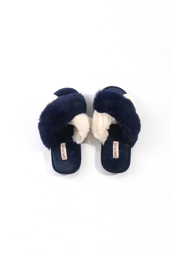 Carraig Donn Dark Blue Contrast Faux Fur Mule Slippers