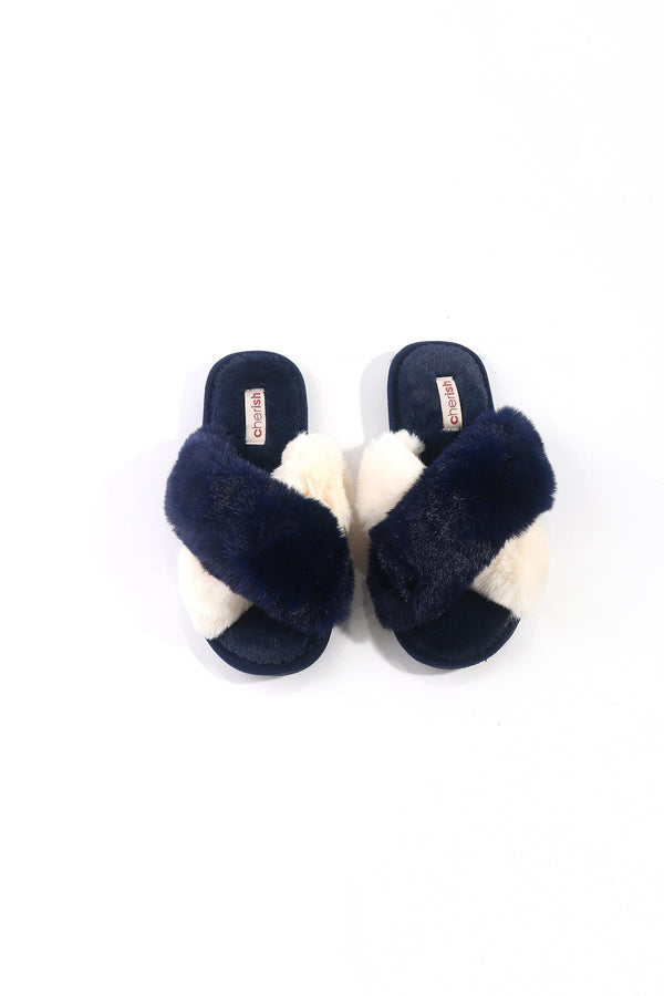 Carraig Donn Dark Blue Contrast Faux Fur Mule Slippers