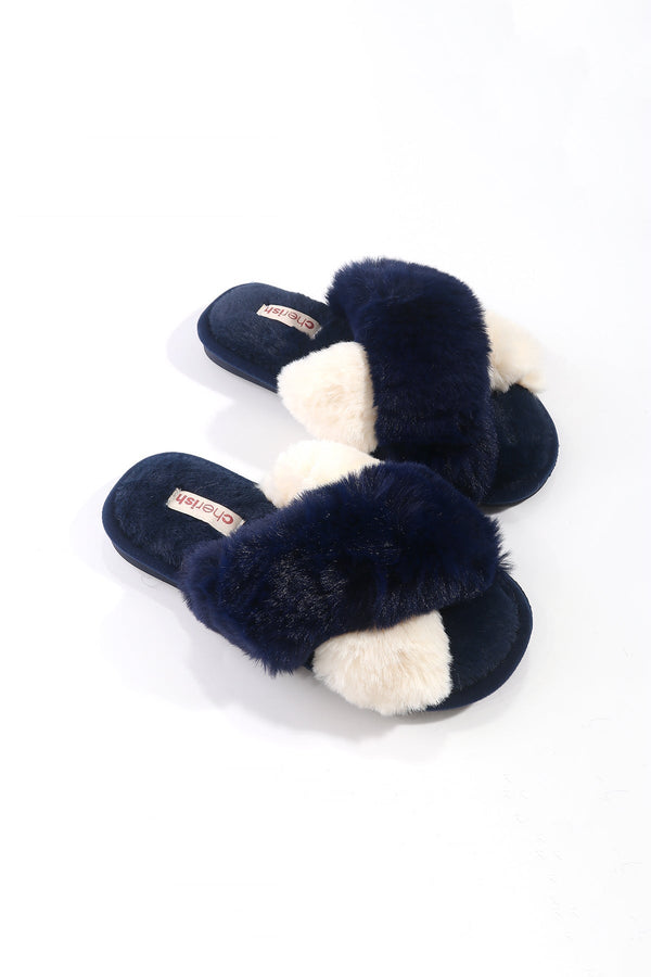 carraig donn Dark Blue Contrast Faux Fur Mule Slippers