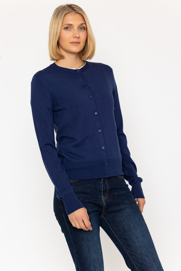 Carraig Donn Denim Blue Fine Gauge Crew Neck Cardigan