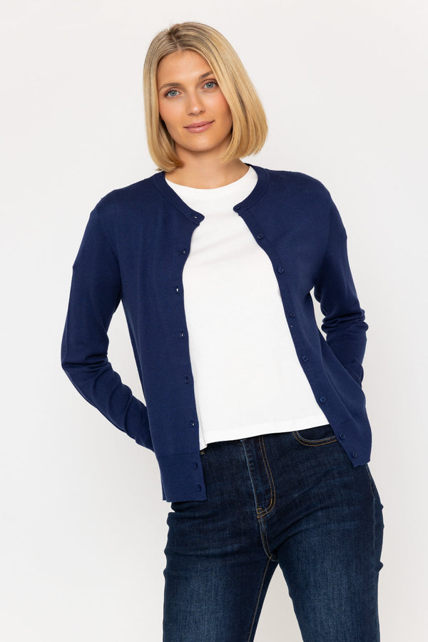 carraig donn Denim Blue Fine Gauge Crew Neck Cardigan