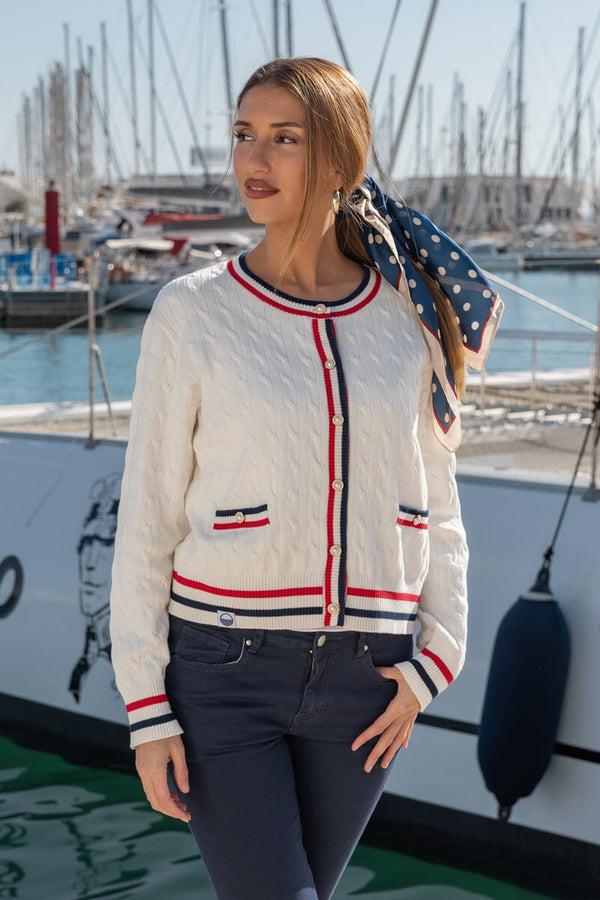 Carraig Donn Ecru Cable Knit Cardigan With Red & Navy Stripes