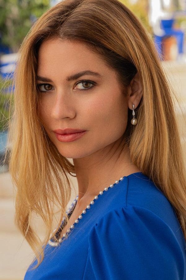 carraig donn Faux Pearl Sliver Diamante Drop Earrings