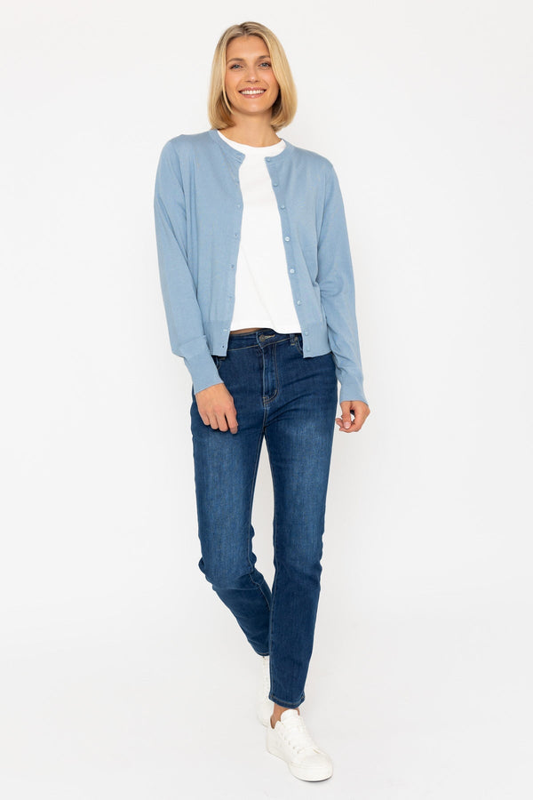 Carraig Donn Fine Gauge Crew Neck Cardigan In Dusty Blue