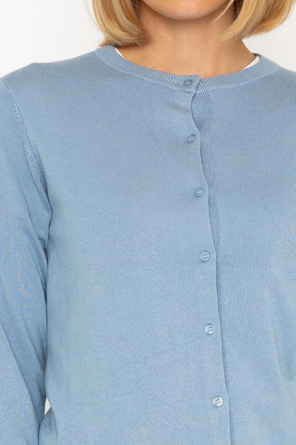Carraig Donn Fine Gauge Crew Neck Cardigan In Dusty Blue