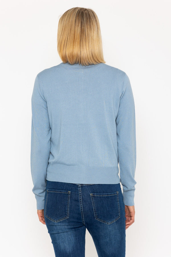 Carraig Donn Fine Gauge Crew Neck Cardigan In Dusty Blue