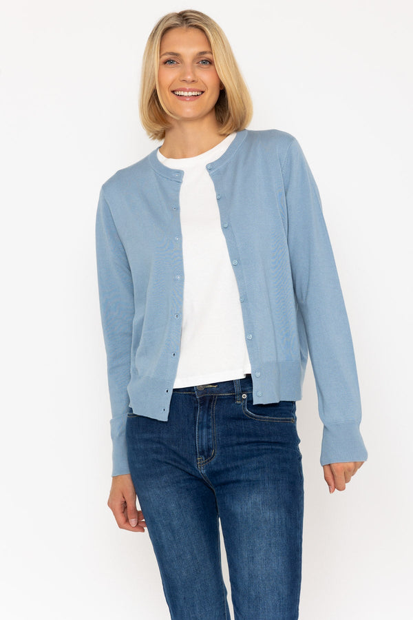 carraig donn Fine Gauge Crew Neck Cardigan in Dusty Blue