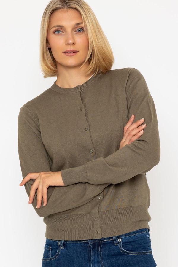 Carraig Donn Fine Gauge Crew Neck Cardigan In Khaki