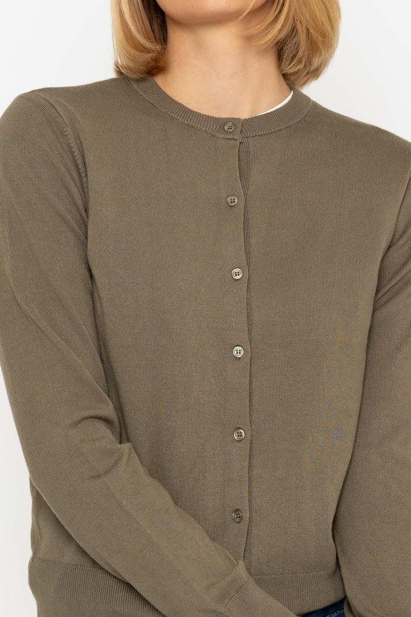 Carraig Donn Fine Gauge Crew Neck Cardigan In Khaki