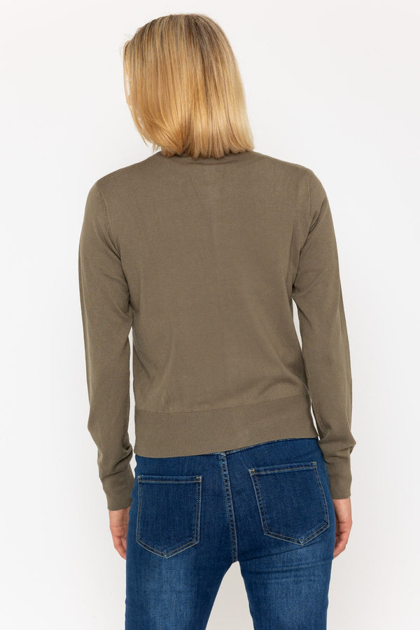 Carraig Donn Fine Gauge Crew Neck Cardigan In Khaki