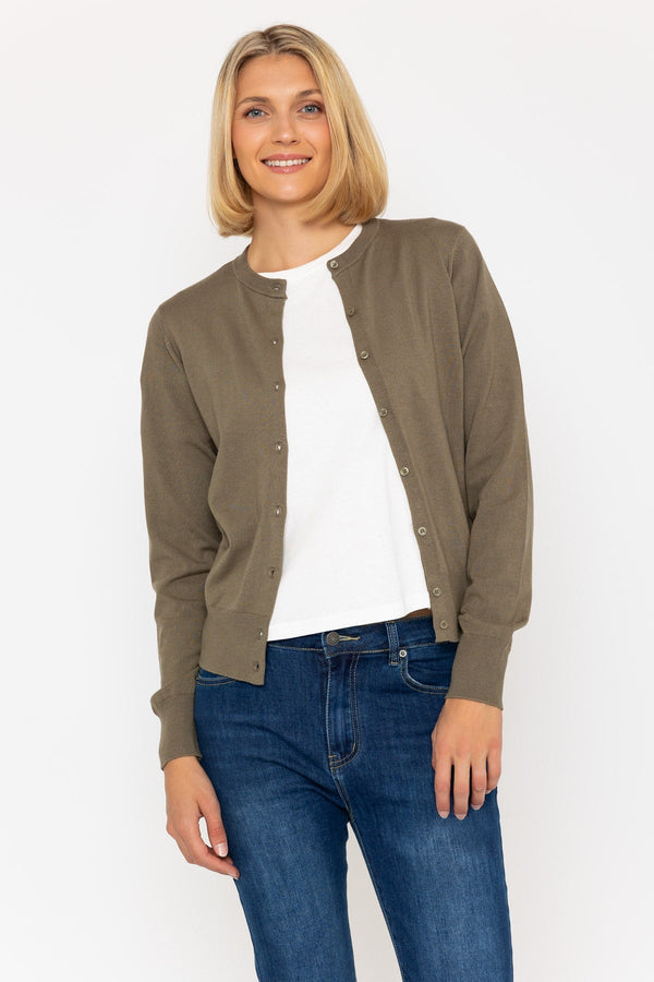 carraig donn Fine Gauge Crew Neck Cardigan in Khaki
