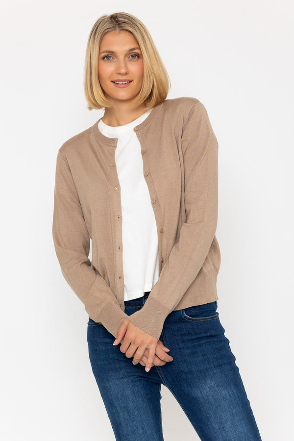 Carraig Donn Fine Gauge Crew Neck Cardigan In Mocha Brown