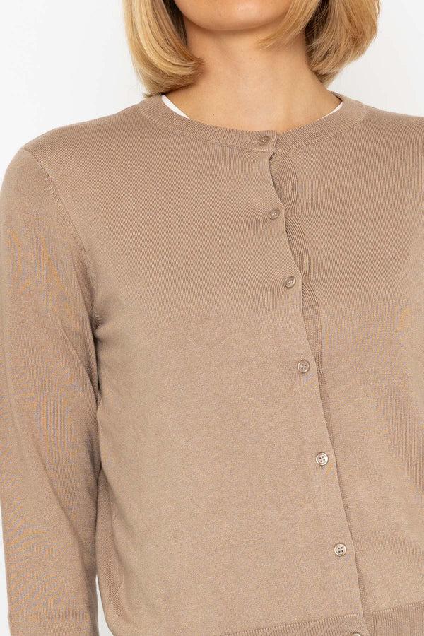 Carraig Donn Fine Gauge Crew Neck Cardigan In Mocha Brown