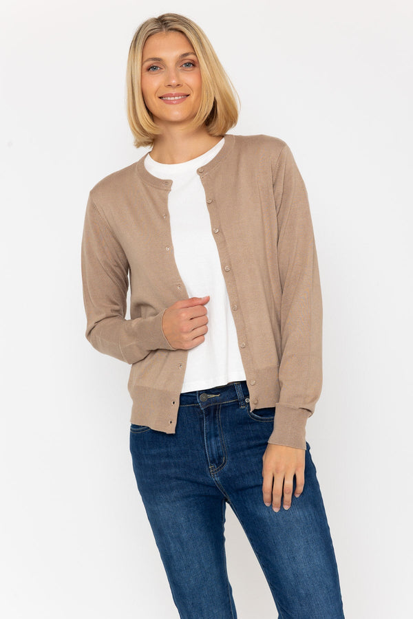 carraig donn Fine Gauge Crew Neck Cardigan in Mocha Brown