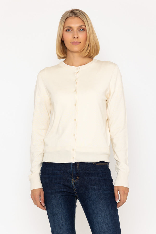 Carraig Donn Fine Gauge Crew Neck Cardigan In Oatmeal Beige