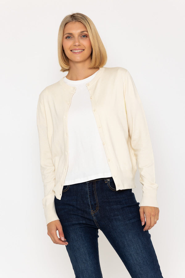 carraig donn Fine Gauge Crew Neck Cardigan in Oatmeal Beige