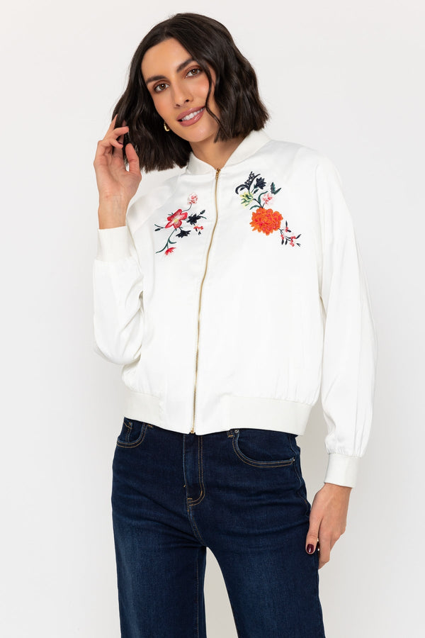 Carraig Donn Floral Embroidered Bomber Jacket In Ivory