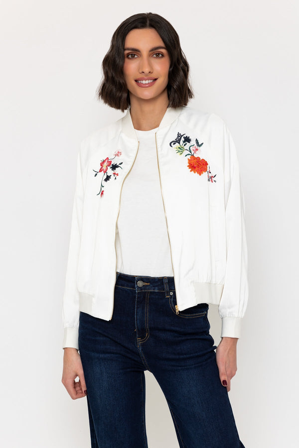 carraig donn Floral Embroidered Bomber Jacket in Ivory