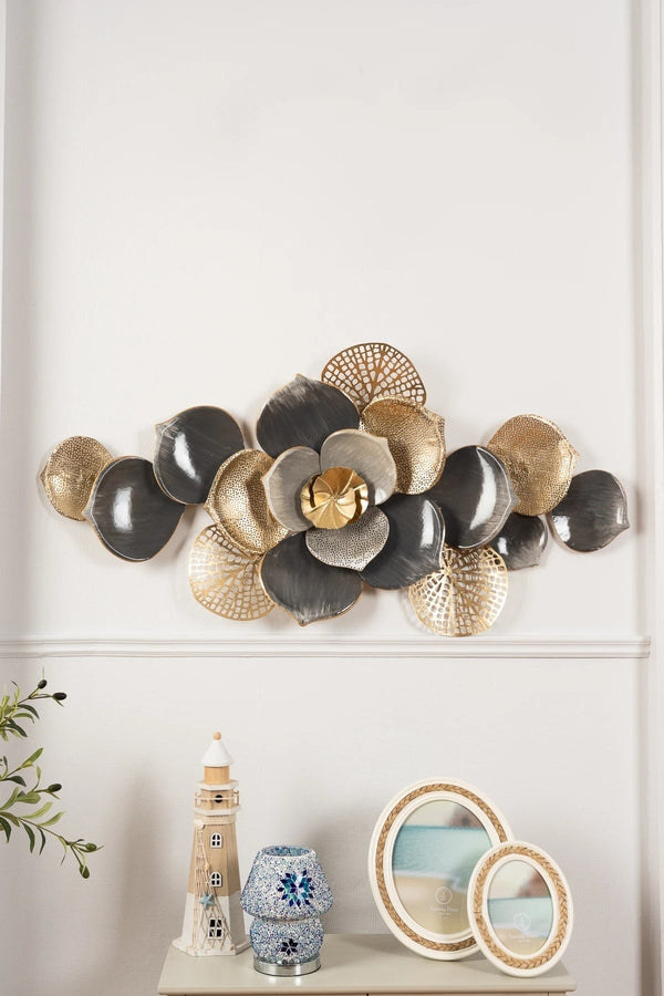 carraig donn Floral Spray Wall Art in Gold & Grey Metal Finish