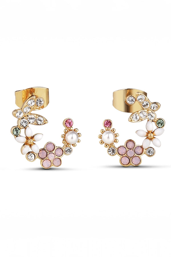 Carraig Donn Gold Plated Pink & Green Floral Butterfly Earrings