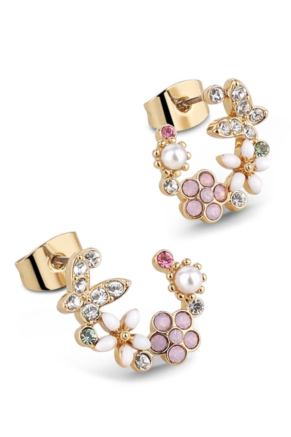 Carraig Donn Gold Plated Pink & Green Floral Butterfly Earrings