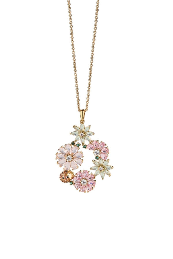 Carraig Donn Gold Plated Pink & Green Floral Pendant Necklace