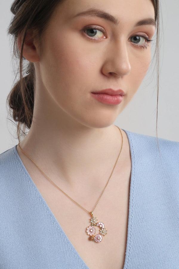 Carraig Donn Gold Plated Pink & Green Floral Pendant Necklace