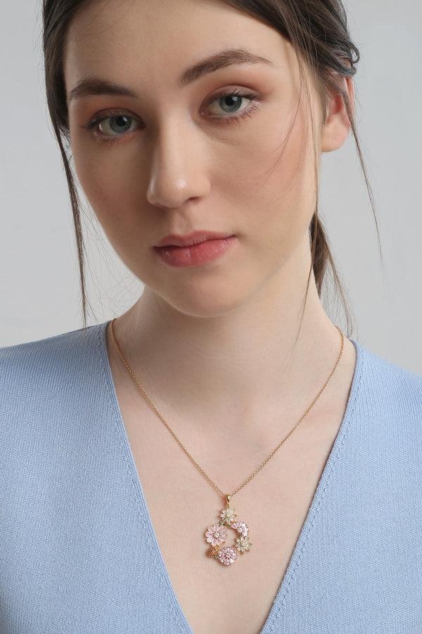 carraig donn Gold Plated Pink & Green Floral Pendant Necklace