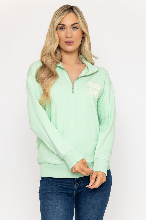 Carraig Donn Green 1/4 Zip Sweatshirt With 'Sunday' Embroidery
